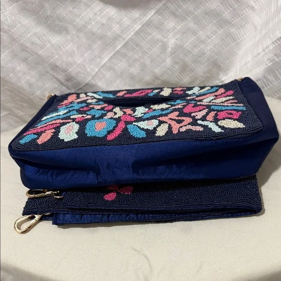 Beaded Navy Multi-Color Cutout Handle Shoulder Bag - Picture 4 of 6